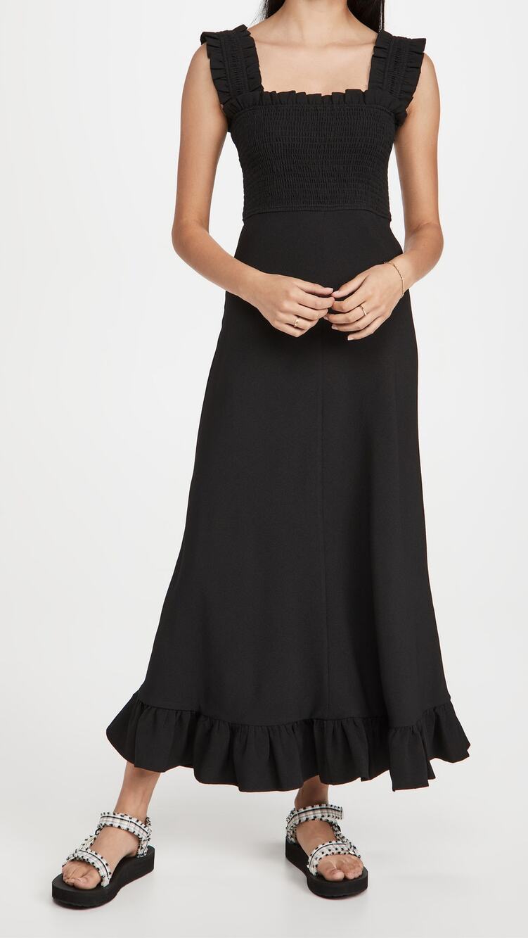 Ganni Heavy Crepe Smocked Maxi Dress Black Size 4 Small Minimalist Dark Coquette